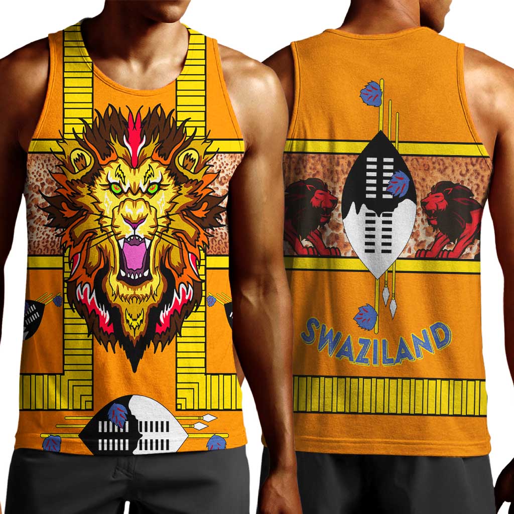 Swaziland Eswatini Men Tank Top Lion Shield and Leopard Print Tribal Design