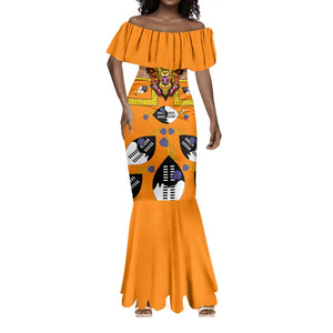 Swaziland Eswatini Mermaid Dress Lion Shield and Leopard Print Tribal Design