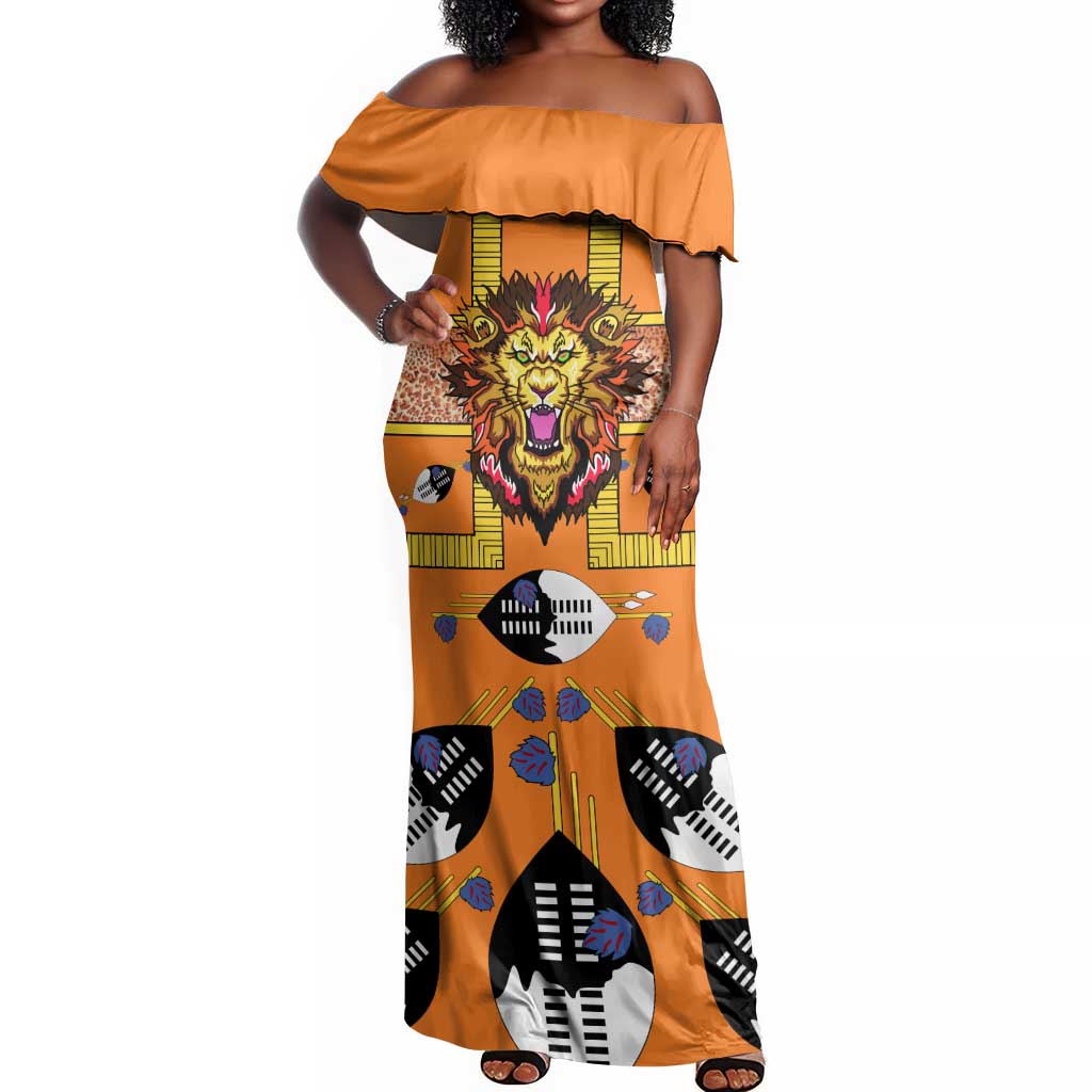 Swaziland Eswatini Off Shoulder Maxi Dress Lion Shield and Leopard Print Tribal Design