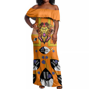 Swaziland Eswatini Off Shoulder Maxi Dress Lion Shield and Leopard Print Tribal Design