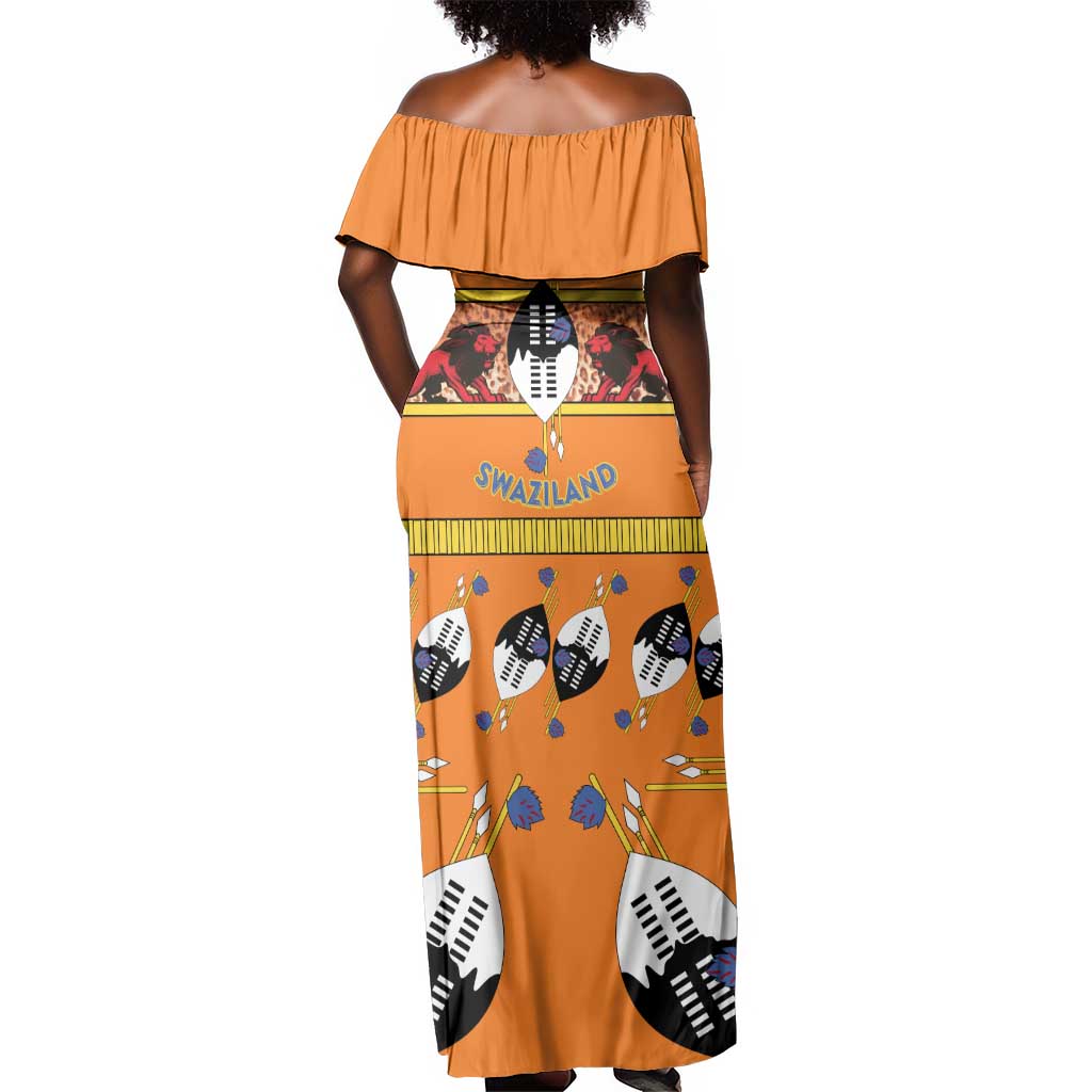Swaziland Eswatini Off Shoulder Maxi Dress Lion Shield and Leopard Print Tribal Design