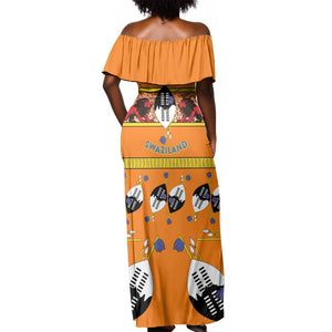 Swaziland Eswatini Off Shoulder Maxi Dress Lion Shield and Leopard Print Tribal Design