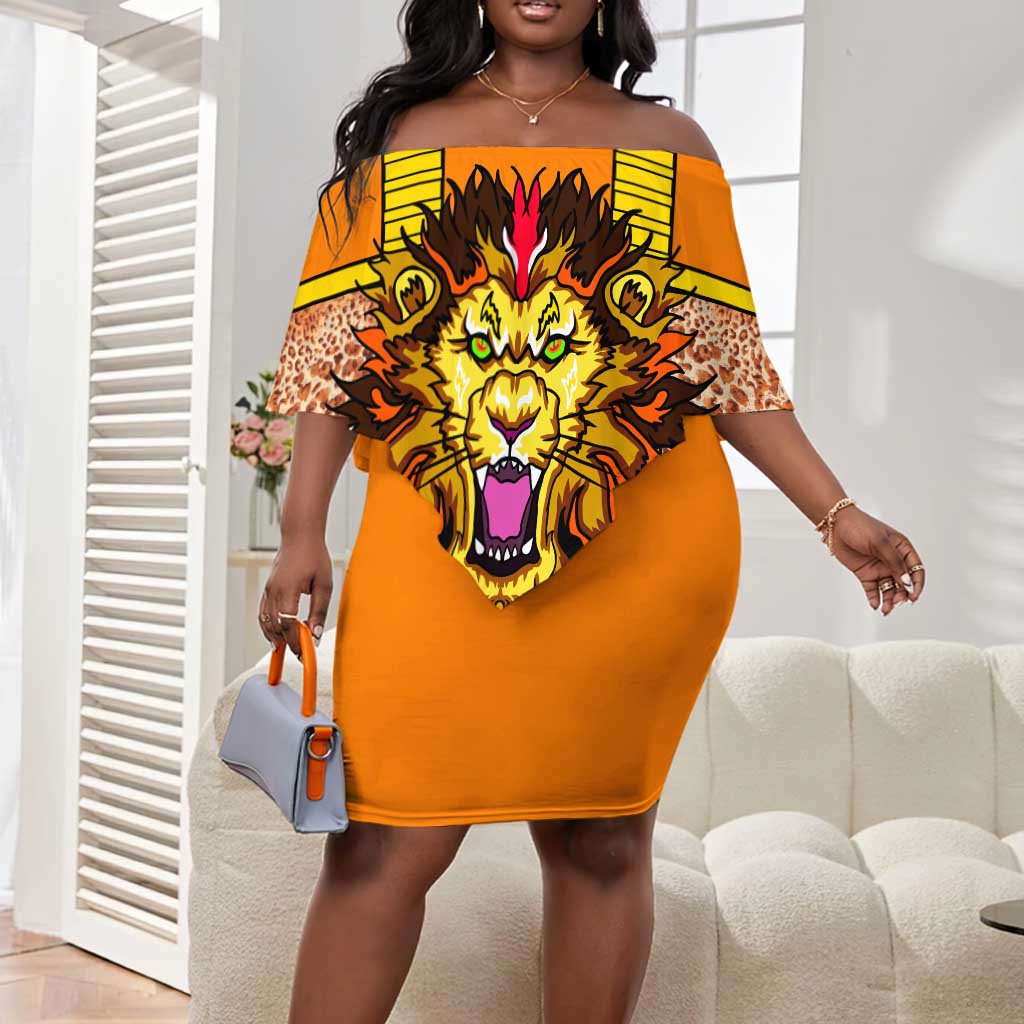 Swaziland Eswatini Off Shoulder Short Dress Lion Shield and Leopard Print Tribal Design
