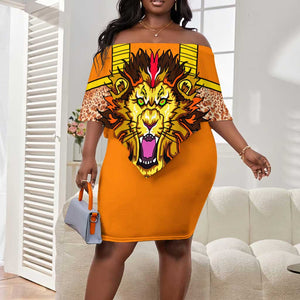Swaziland Eswatini Off Shoulder Short Dress Lion Shield and Leopard Print Tribal Design