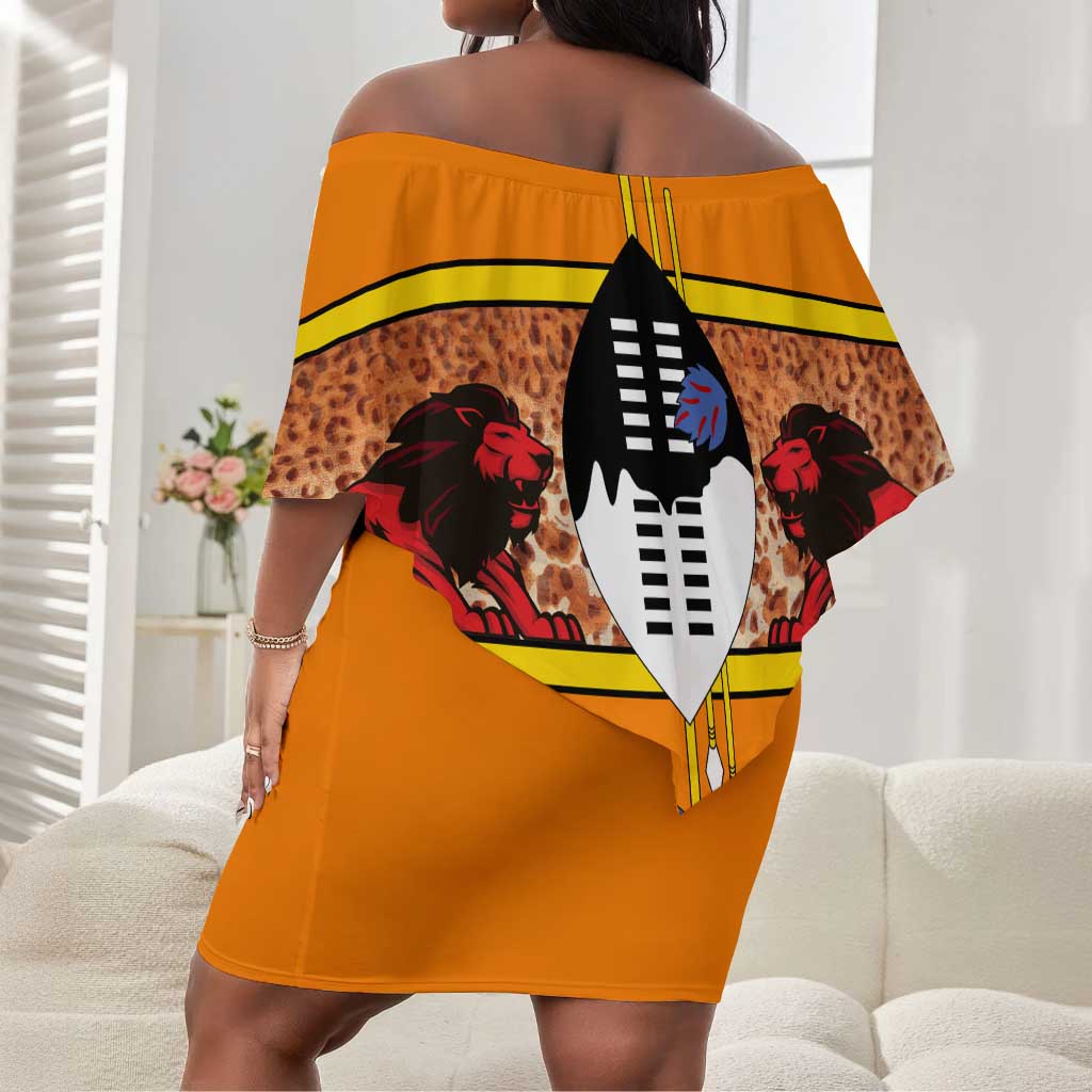 Swaziland Eswatini Off Shoulder Short Dress Lion Shield and Leopard Print Tribal Design