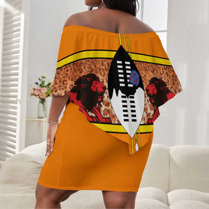Swaziland Eswatini Off Shoulder Short Dress Lion Shield and Leopard Print Tribal Design