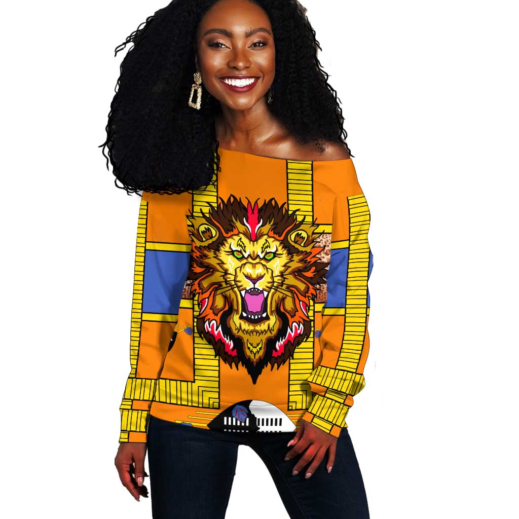 Swaziland Eswatini Off Shoulder Sweater Lion Shield and Leopard Print Tribal Design