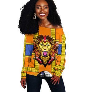 Swaziland Eswatini Off Shoulder Sweater Lion Shield and Leopard Print Tribal Design