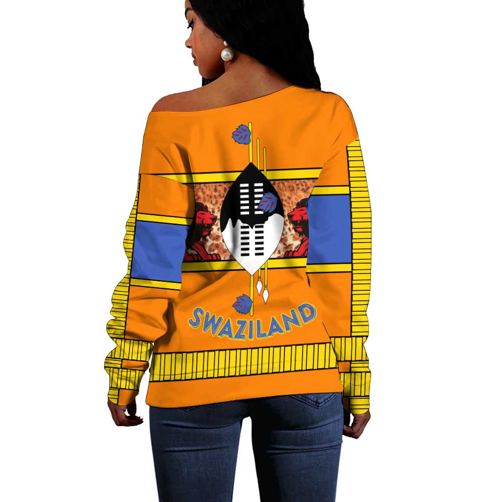 Swaziland Eswatini Off Shoulder Sweater Lion Shield and Leopard Print Tribal Design