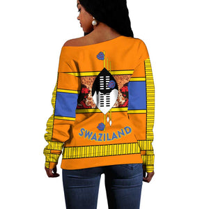 Swaziland Eswatini Off Shoulder Sweater Lion Shield and Leopard Print Tribal Design