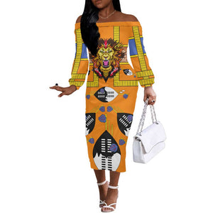 Swaziland Eswatini Off The Shoulder Long Sleeve Dress Lion Shield and Leopard Print Tribal Design