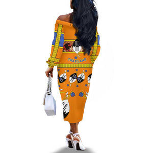 Swaziland Eswatini Off The Shoulder Long Sleeve Dress Lion Shield and Leopard Print Tribal Design