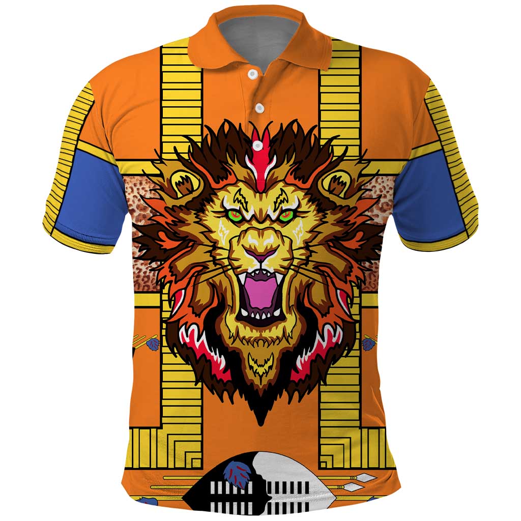 Swaziland Eswatini Polo Shirt Lion Shield and Leopard Print Tribal Design