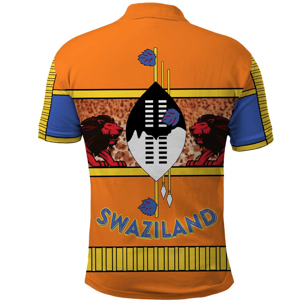 Swaziland Eswatini Polo Shirt Lion Shield and Leopard Print Tribal Design