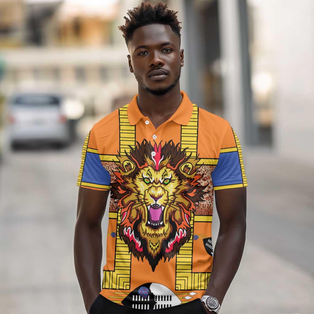 Swaziland Eswatini Polo Shirt Lion Shield and Leopard Print Tribal Design