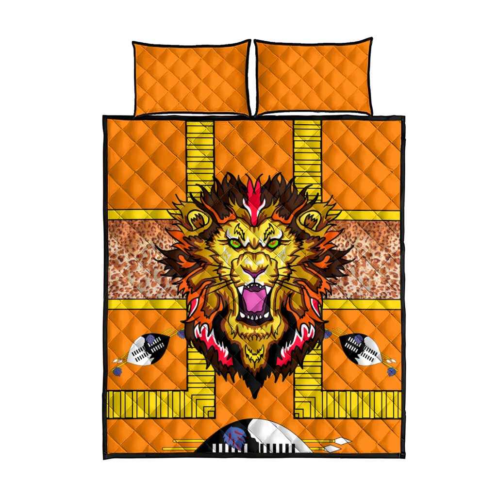Swaziland Eswatini Quilt Bed Set Lion Shield and Leopard Print Tribal Design