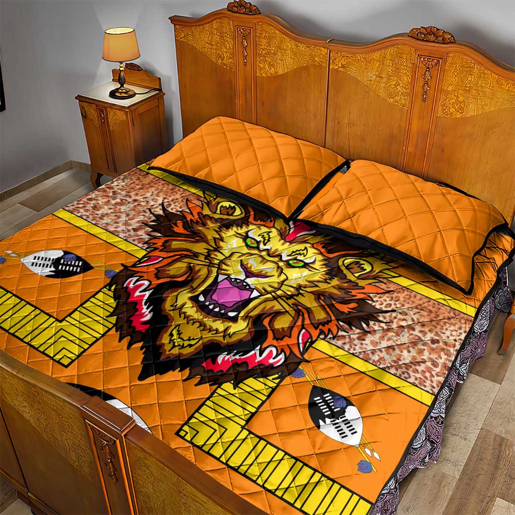 Swaziland Eswatini Quilt Bed Set Lion Shield and Leopard Print Tribal Design