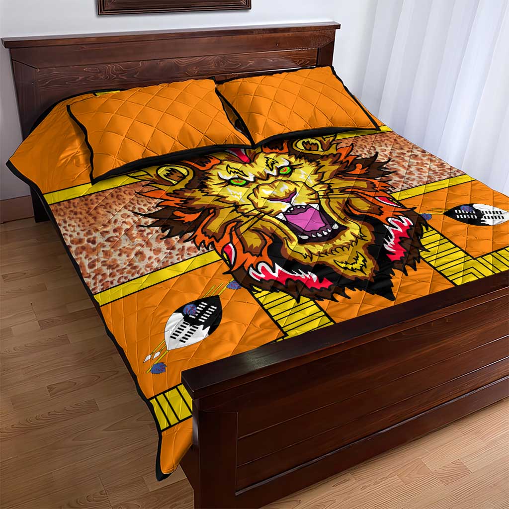 Swaziland Eswatini Quilt Bed Set Lion Shield and Leopard Print Tribal Design