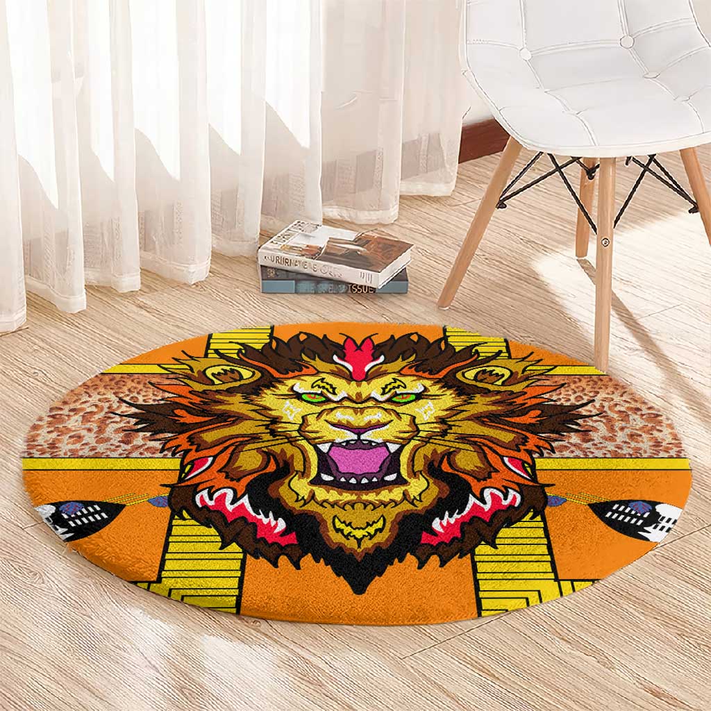 Swaziland Eswatini Round Carpet Lion Shield and Leopard Print Tribal Design