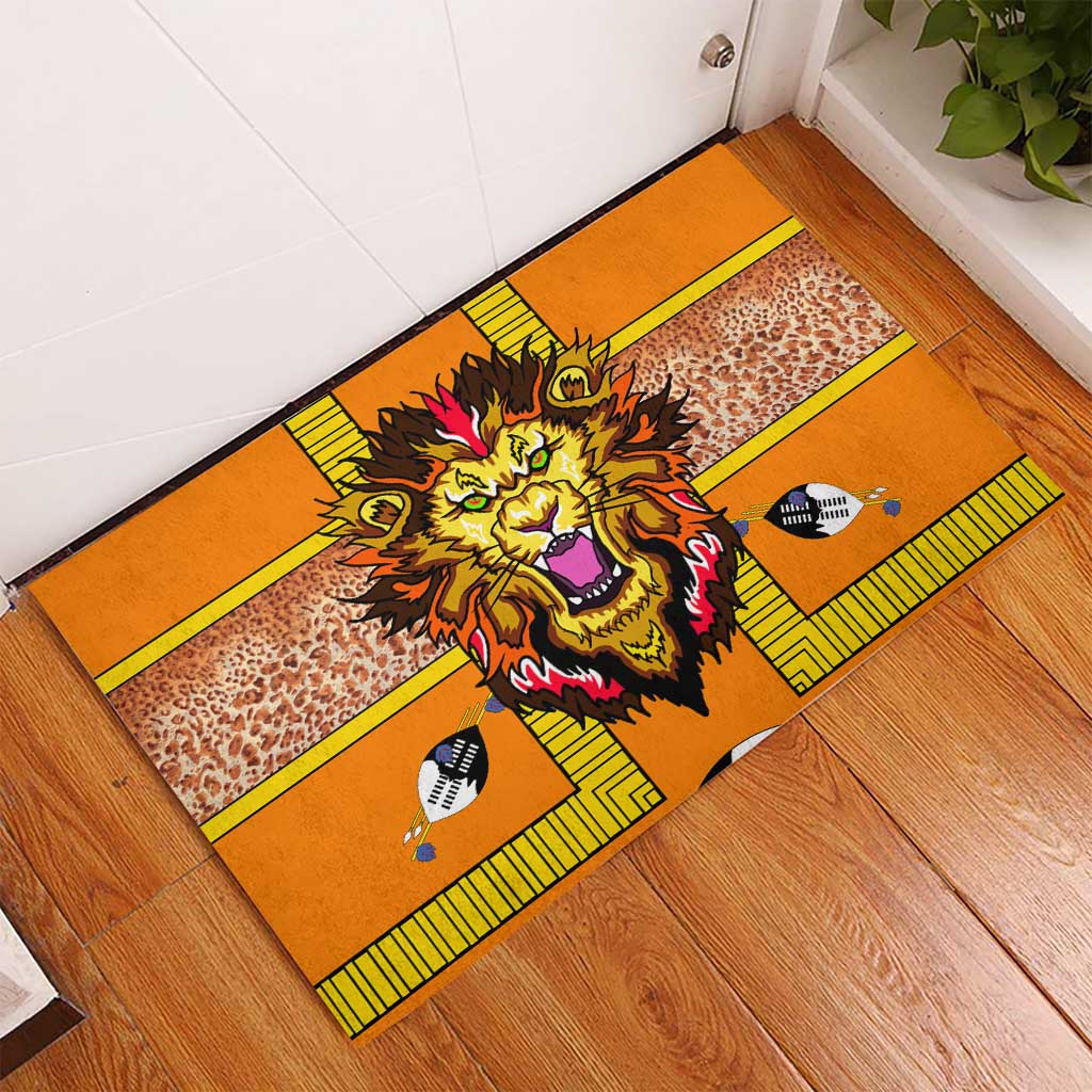 Swaziland Eswatini Rubber Doormat Lion Shield and Leopard Print Tribal Design