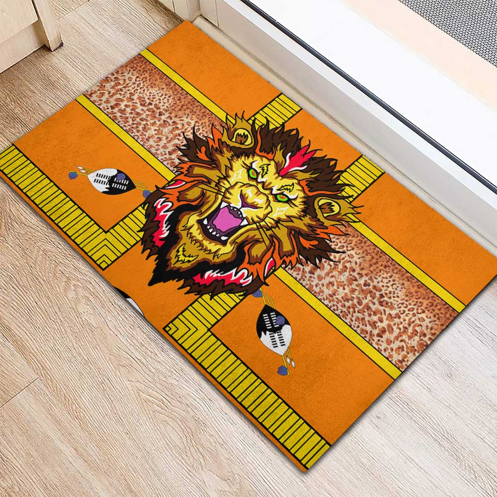 Swaziland Eswatini Rubber Doormat Lion Shield and Leopard Print Tribal Design