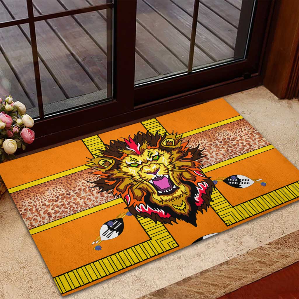 Swaziland Eswatini Rubber Doormat Lion Shield and Leopard Print Tribal Design