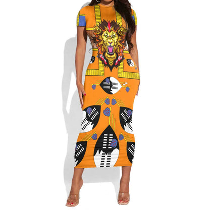 Swaziland Eswatini Short Sleeve Bodycon Dress Lion Shield and Leopard Print Tribal Design TS04