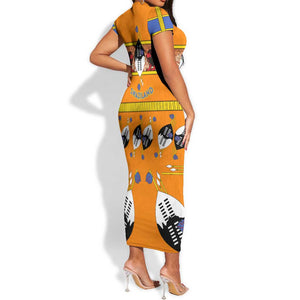 Swaziland Eswatini Short Sleeve Bodycon Dress Lion Shield and Leopard Print Tribal Design TS04