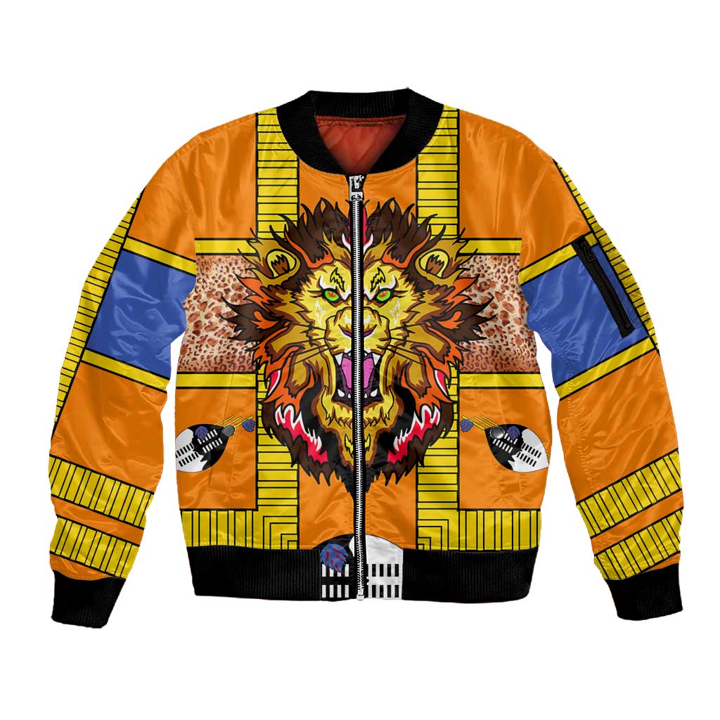 Swaziland Eswatini Sleeve Zip Bomber Jacket Lion Shield and Leopard Print Tribal Design