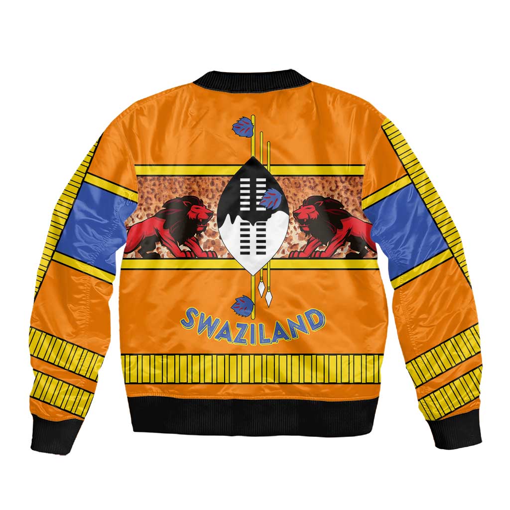 Swaziland Eswatini Sleeve Zip Bomber Jacket Lion Shield and Leopard Print Tribal Design