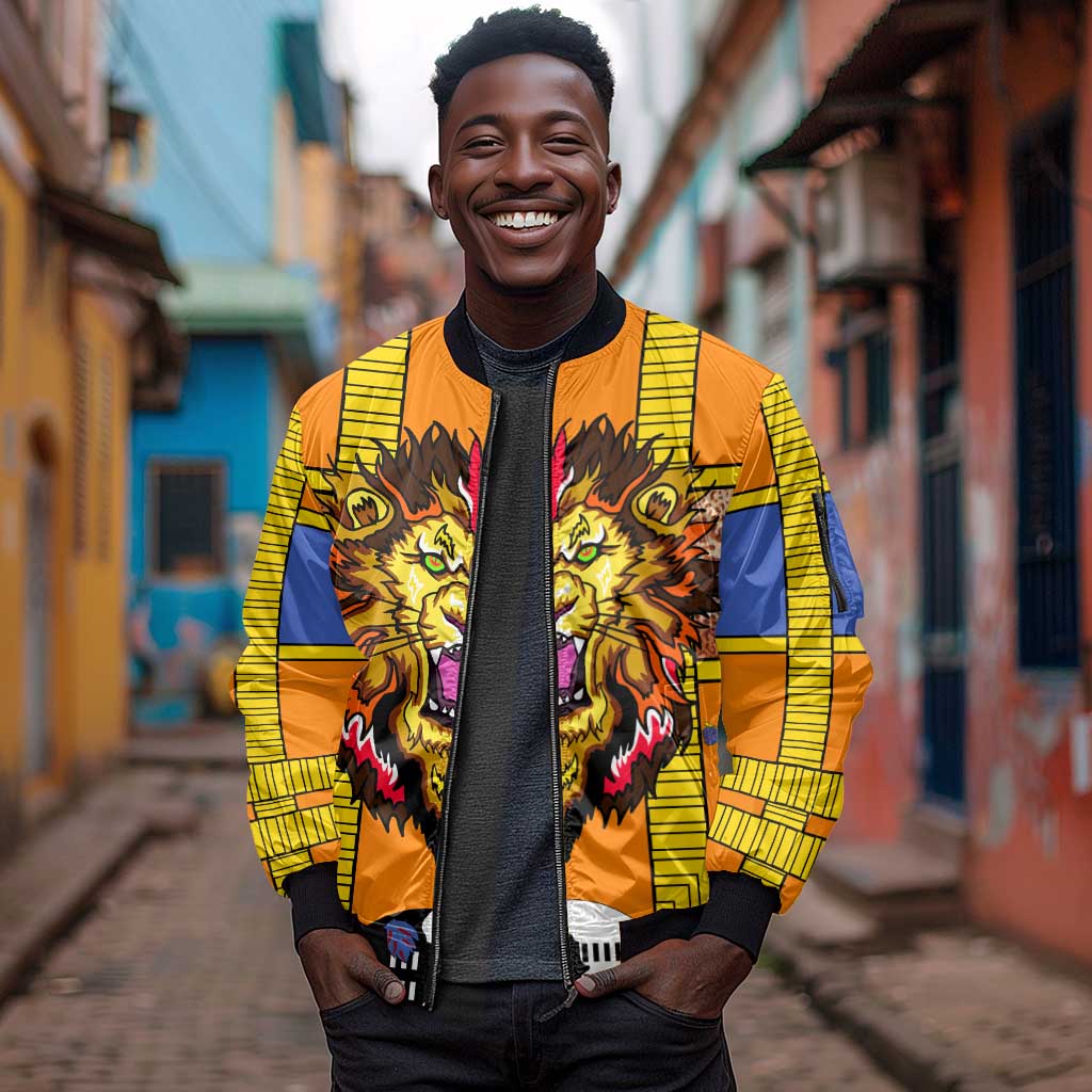 Swaziland Eswatini Sleeve Zip Bomber Jacket Lion Shield and Leopard Print Tribal Design