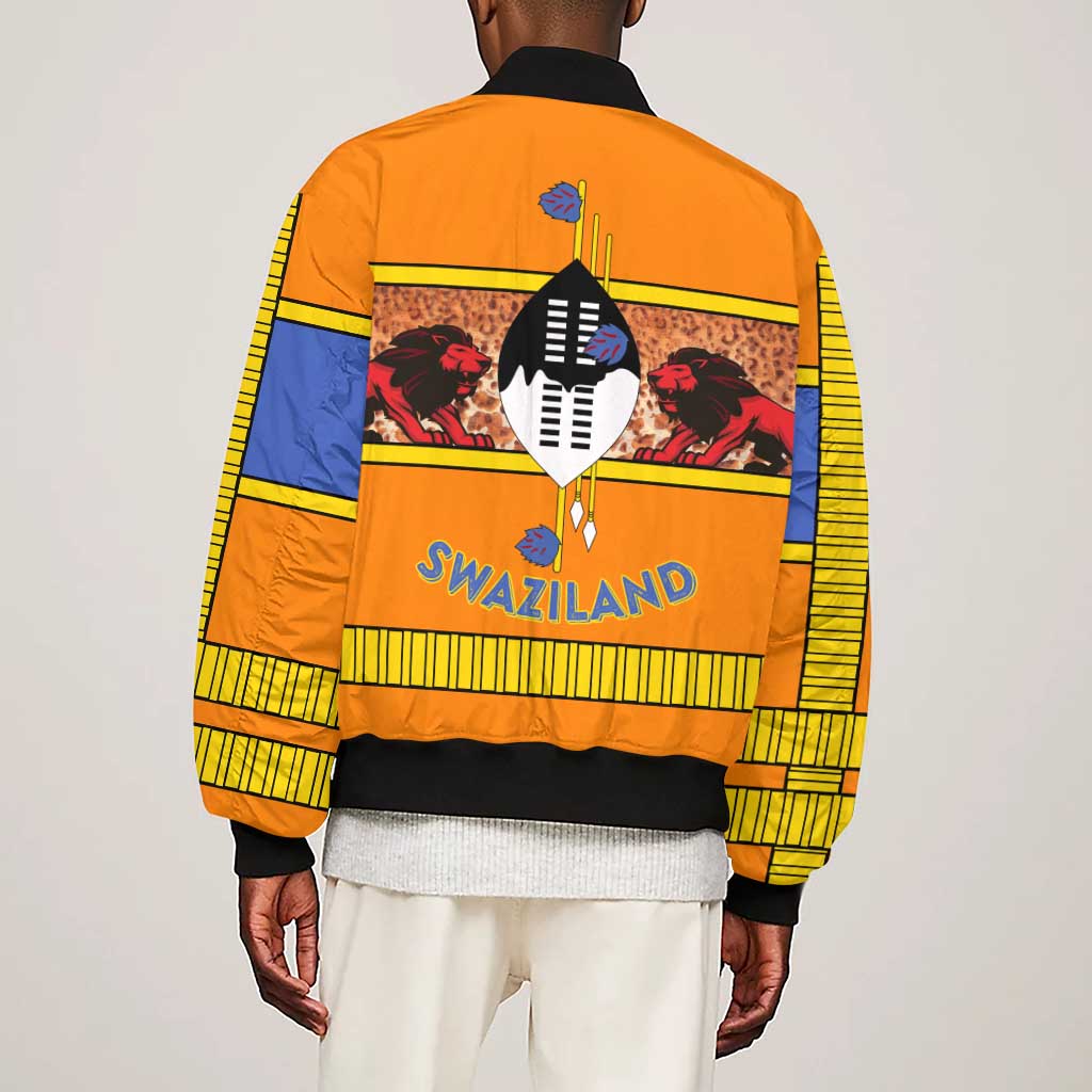 Swaziland Eswatini Sleeve Zip Bomber Jacket Lion Shield and Leopard Print Tribal Design