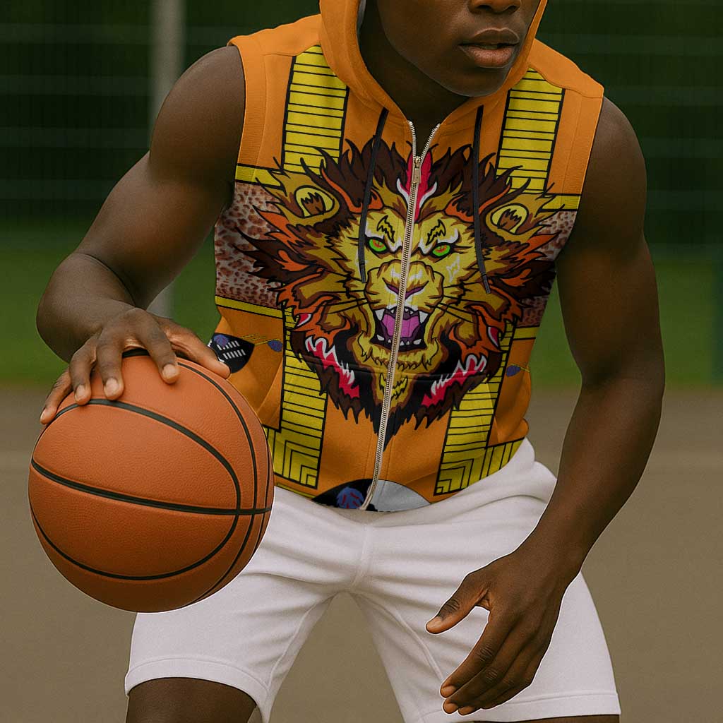 Swaziland Eswatini Sleeveless Zip Hoodie Lion Shield and Leopard Print Tribal Design - African Pride