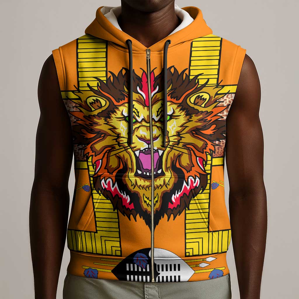 Swaziland Eswatini Sleeveless Zip Hoodie Lion Shield and Leopard Print Tribal Design - African Pride
