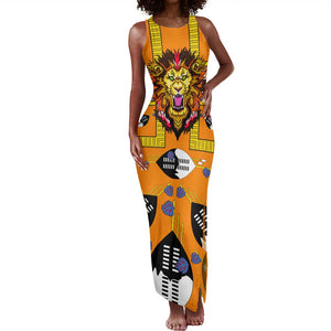 Swaziland Eswatini Tank Maxi Dress Lion Shield and Leopard Print Tribal Design