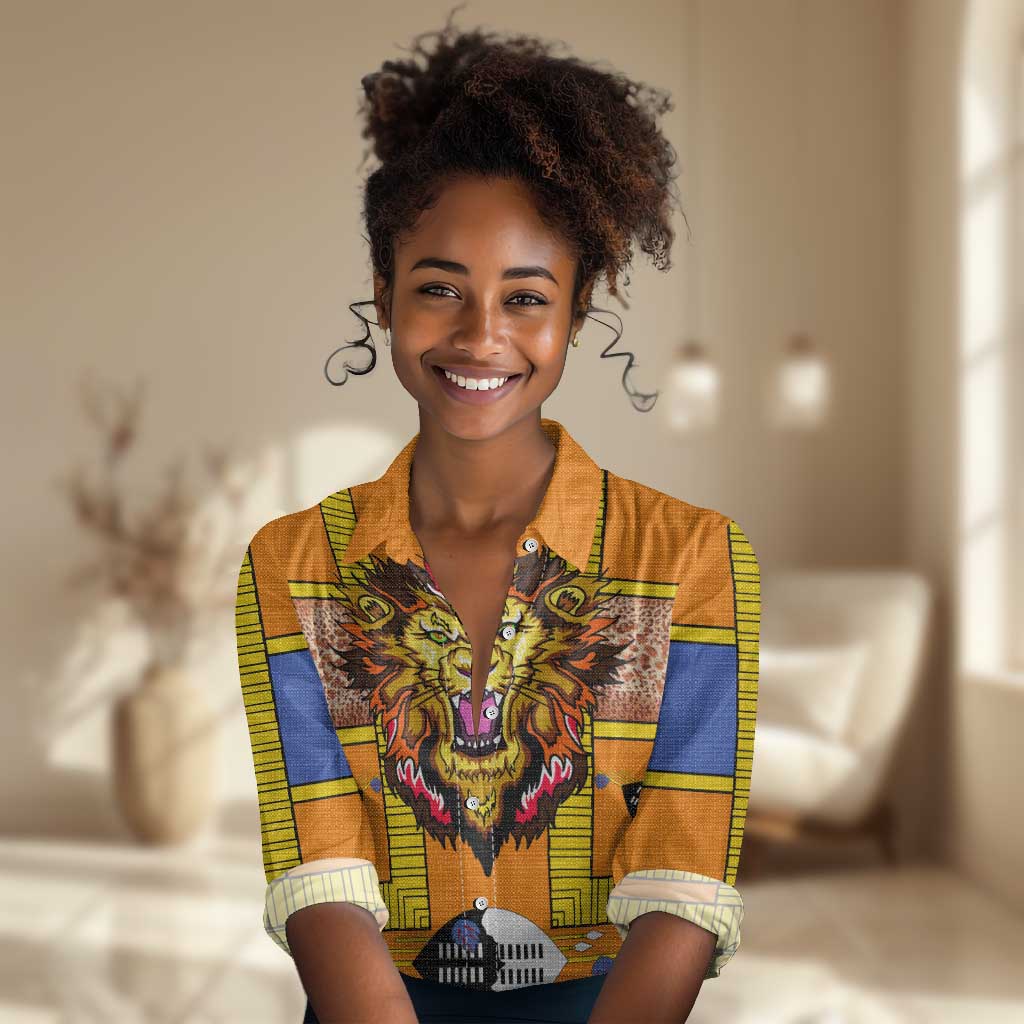 Swaziland Eswatini Women Casual Shirt Lion Shield and Leopard Print Tribal Design