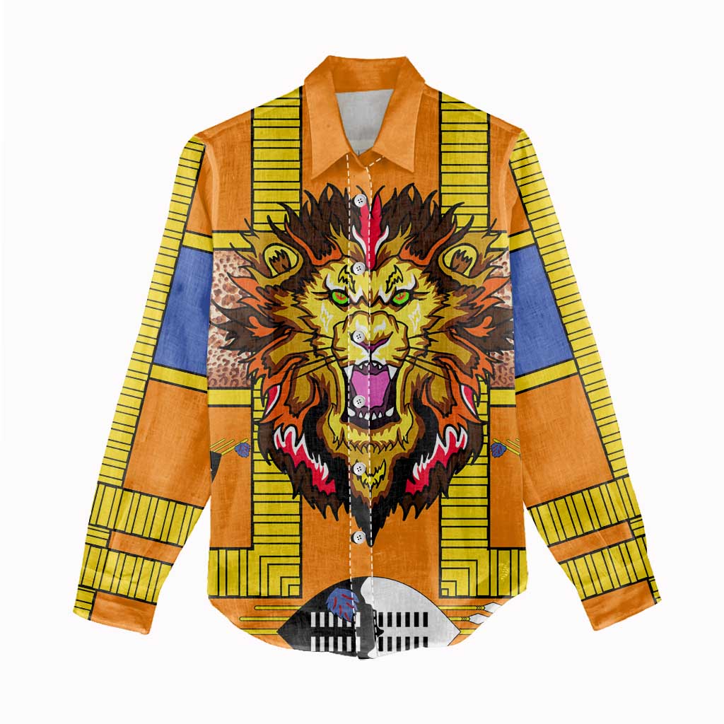 Swaziland Eswatini Women Casual Shirt Lion Shield and Leopard Print Tribal Design