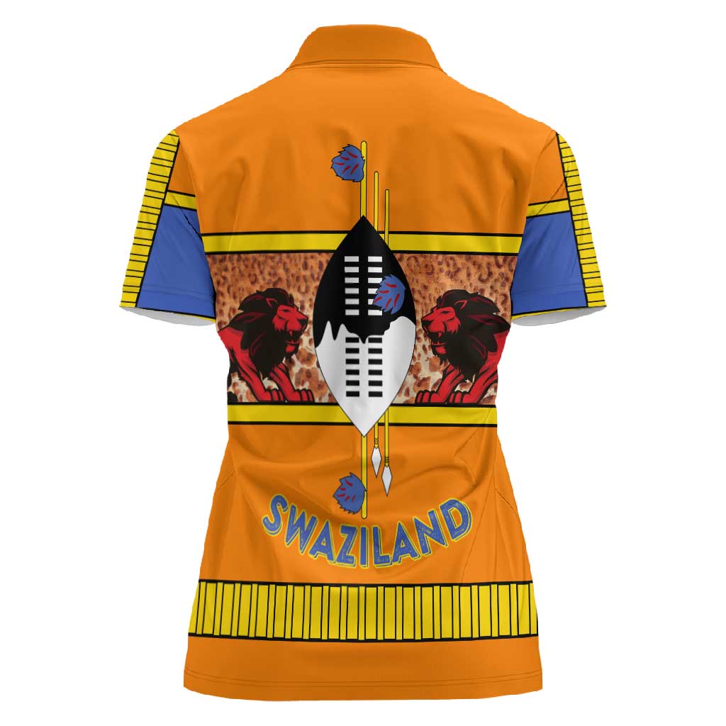 Swaziland Eswatini Women Polo Shirt Lion Shield and Leopard Print Tribal Design