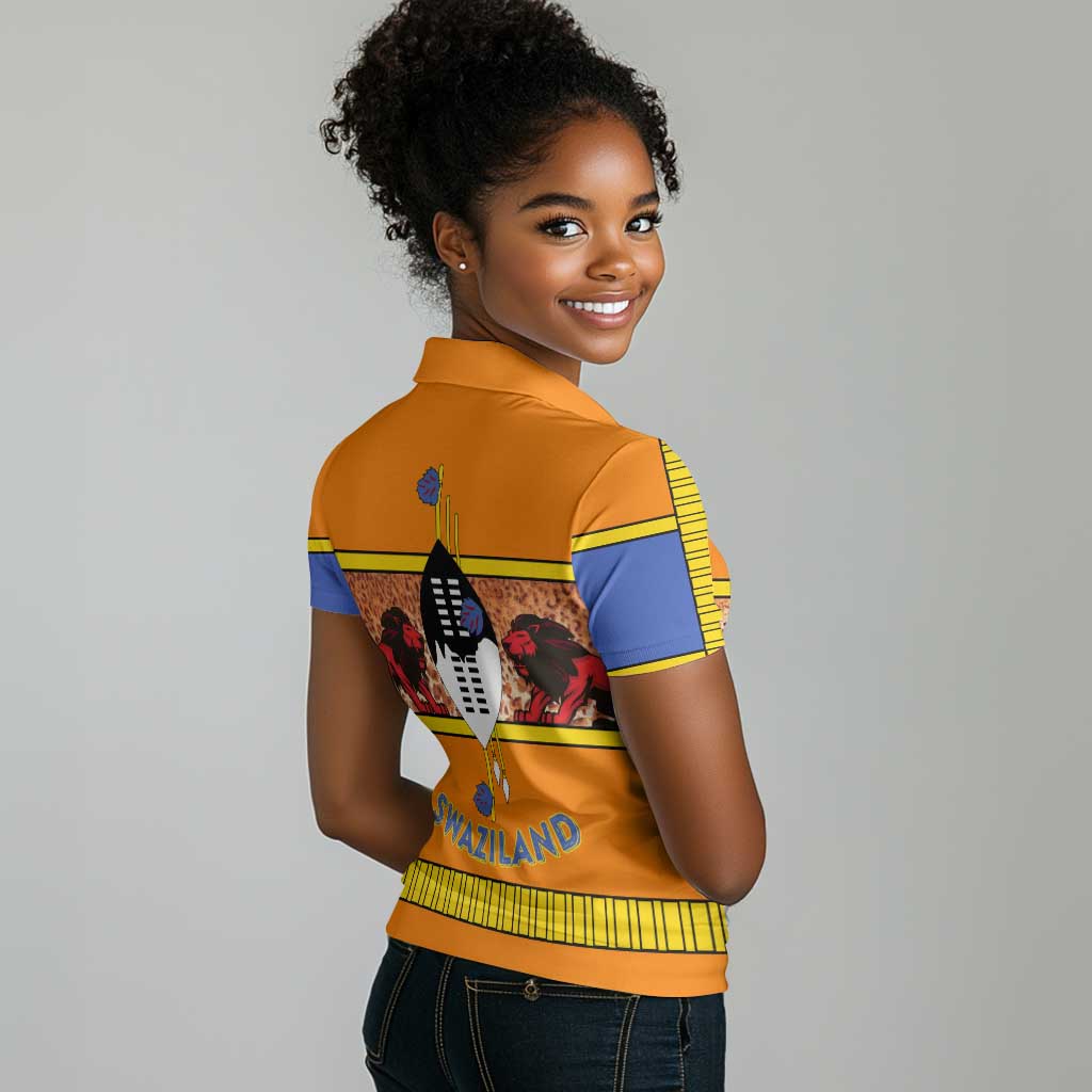 Swaziland Eswatini Women Polo Shirt Lion Shield and Leopard Print Tribal Design