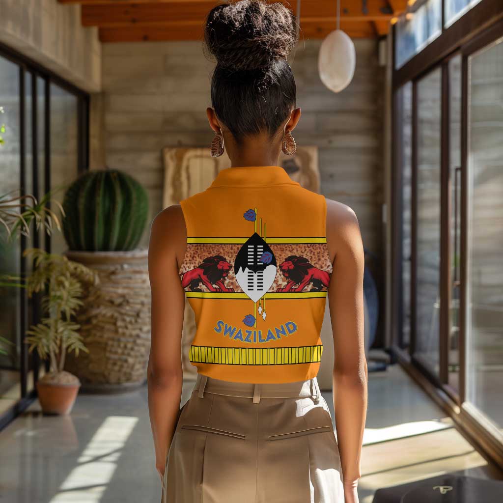 Swaziland Eswatini Women Sleeveless Polo Shirt Lion Shield and Leopard Print Tribal Design