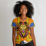 Swaziland Eswatini Women V-Neck T-Shirt Lion Shield and Leopard Print Tribal Design