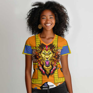 Swaziland Eswatini Women V-Neck T-Shirt Lion Shield and Leopard Print Tribal Design