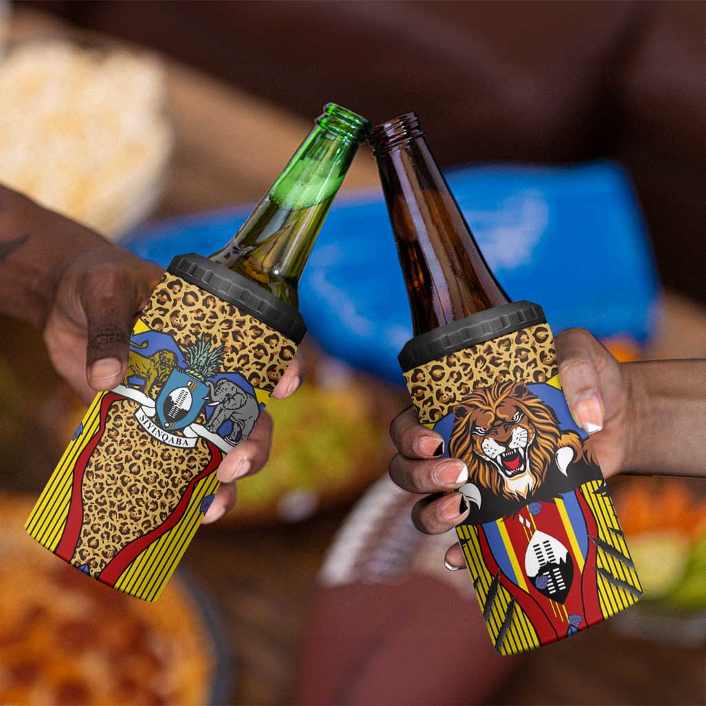 Swaziland Eswatini 4 in 1 Can Cooler Tumbler Coat of Arms Lion Elephant Shield Leopard Print Design