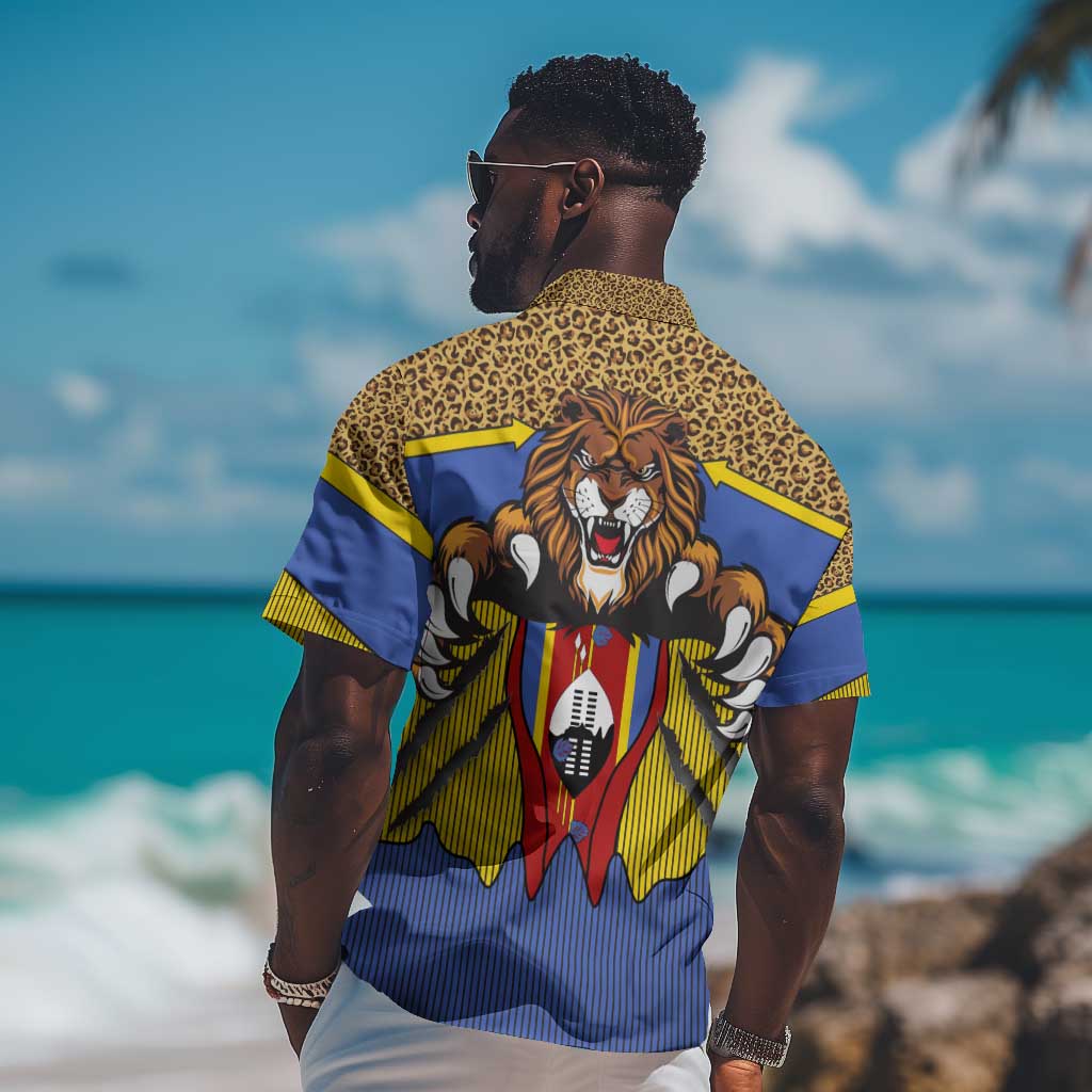 Swaziland Eswatini Hawaiian Shirt Coat of Arms Lion Elephant Shield Leopard Print Design