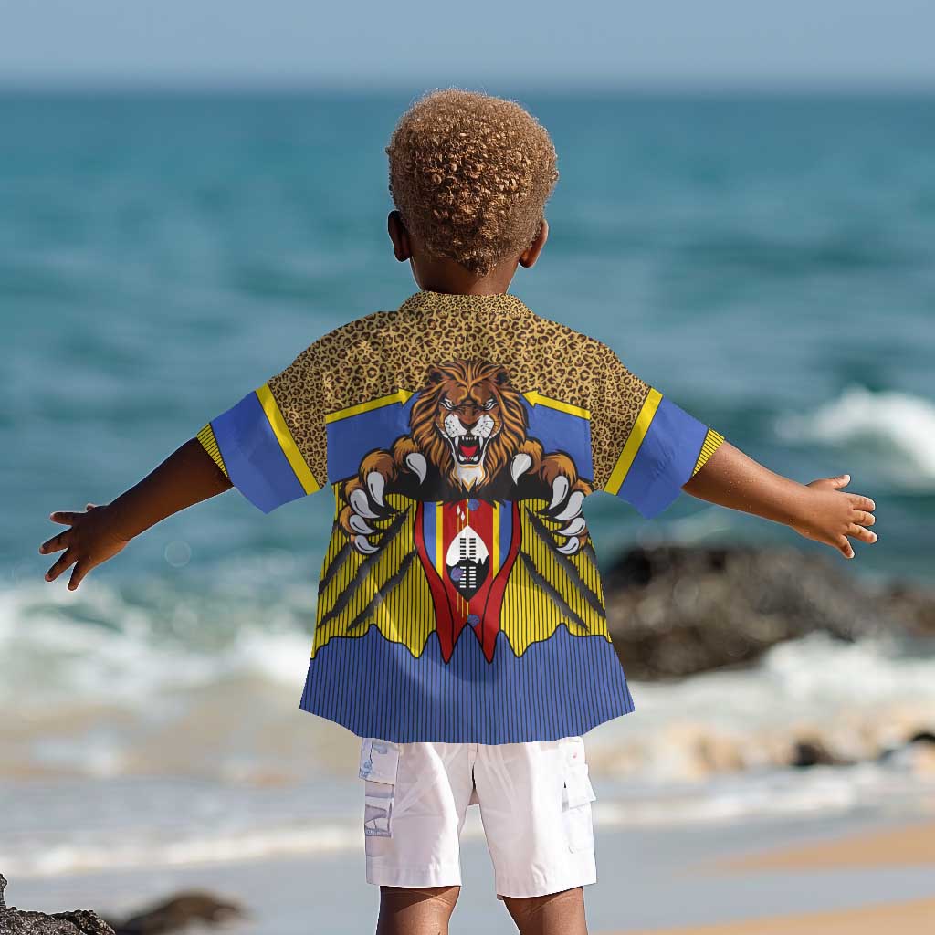 Swaziland Eswatini Kid Hawaiian Shirt Coat of Arms Lion Elephant Shield Leopard Print Design