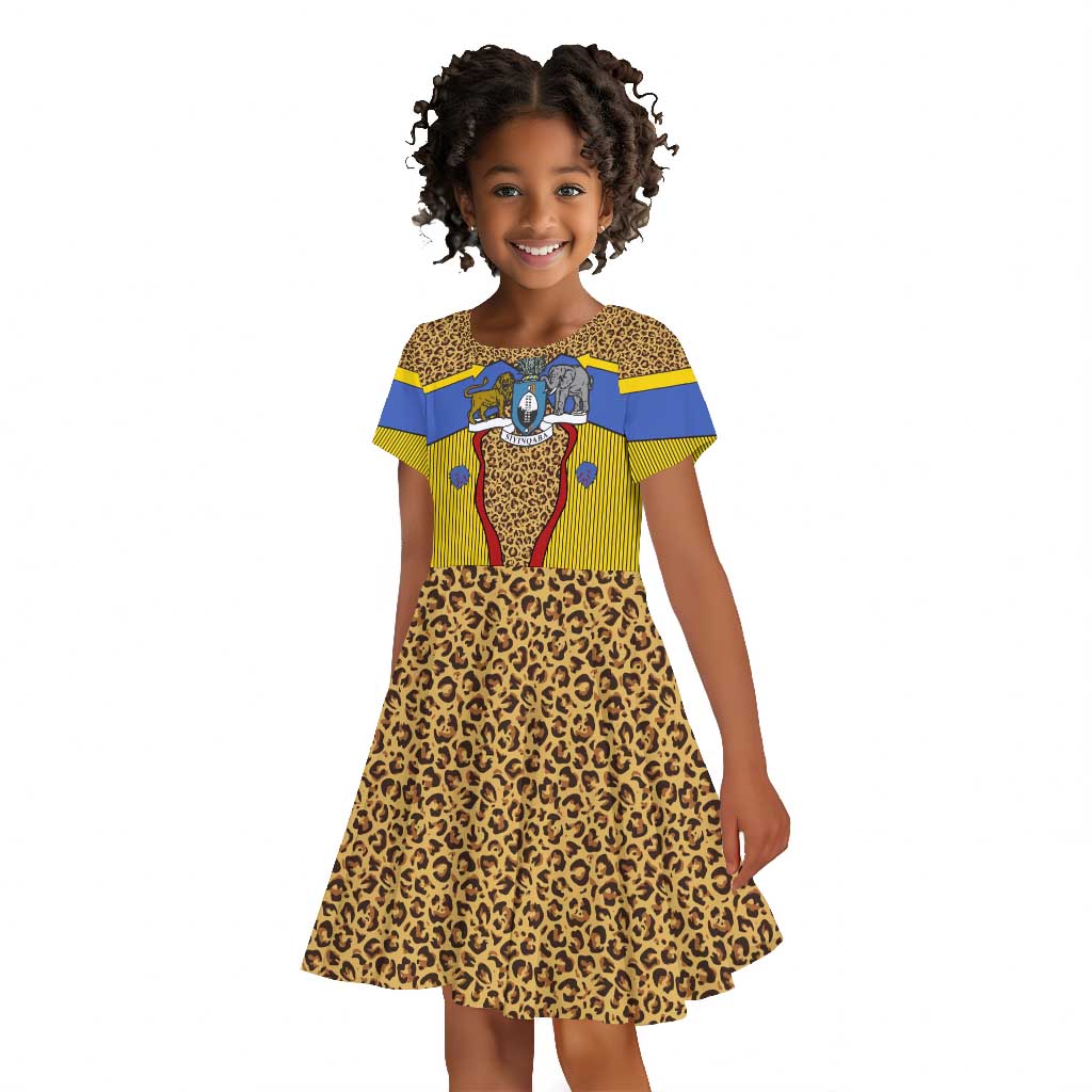 Swaziland Eswatini Kid Short Sleeve Dress Coat of Arms Lion Elephant Shield Leopard Print Design