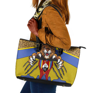 Swaziland Eswatini Leather Tote Bag Coat of Arms Lion Elephant Shield Leopard Print Design