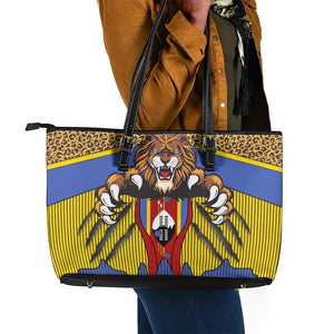 Swaziland Eswatini Leather Tote Bag Coat of Arms Lion Elephant Shield Leopard Print Design