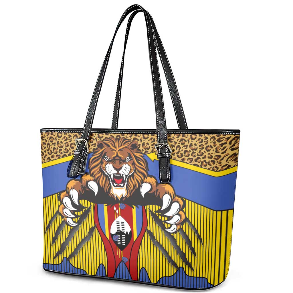 Swaziland Eswatini Leather Tote Bag Coat of Arms Lion Elephant Shield Leopard Print Design