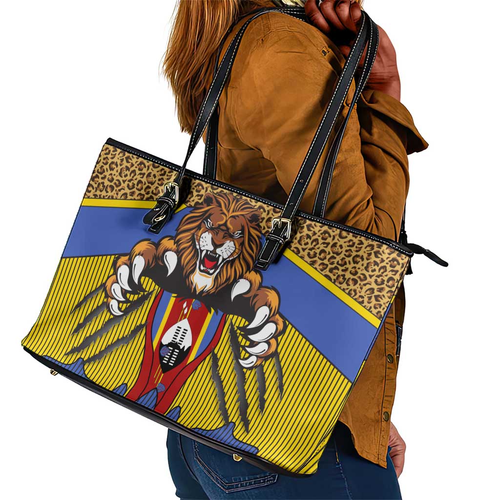 Swaziland Eswatini Leather Tote Bag Coat of Arms Lion Elephant Shield Leopard Print Design